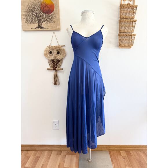 80s NOS Dark Blue Diagonal Hem Lingerie Nightgown size small - Picture 1 of 10